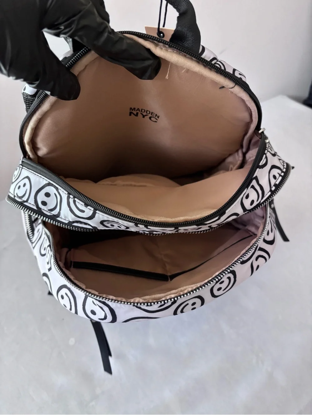 Madden NYC nylon backpacks Smiley Print White & Black Backpack - Designer Style